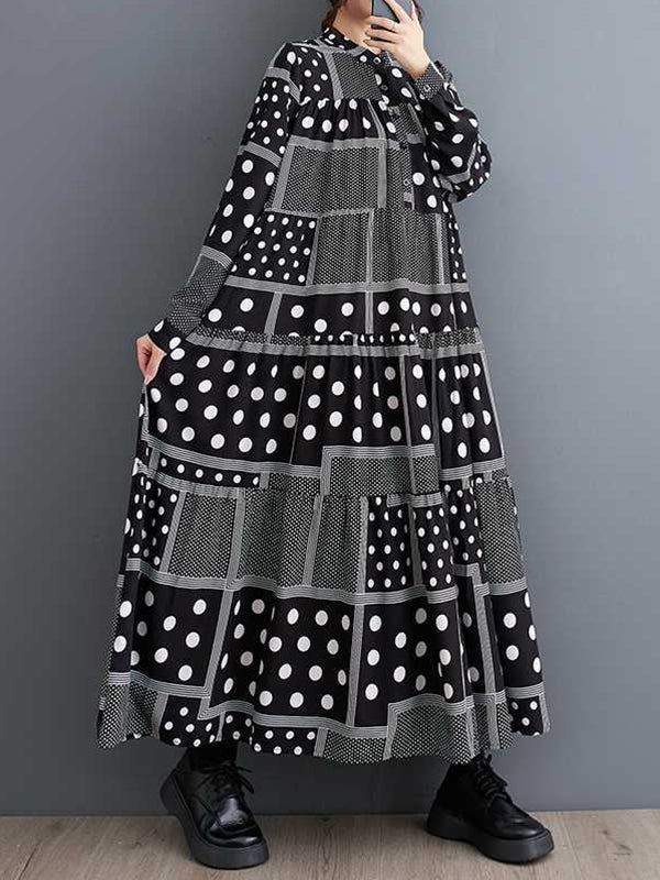 Buttoned Polka-Dot Printed Split-Joint Long Sleeves Loose Midi Dresses