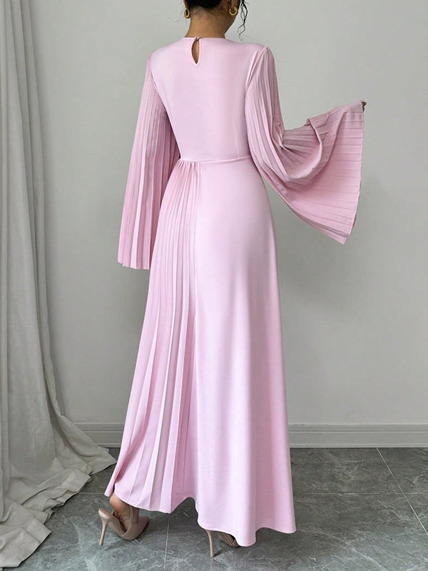 Pleated Solid Color Flared Sleeves Long Sleeves Round-Neck Maxi Dresses