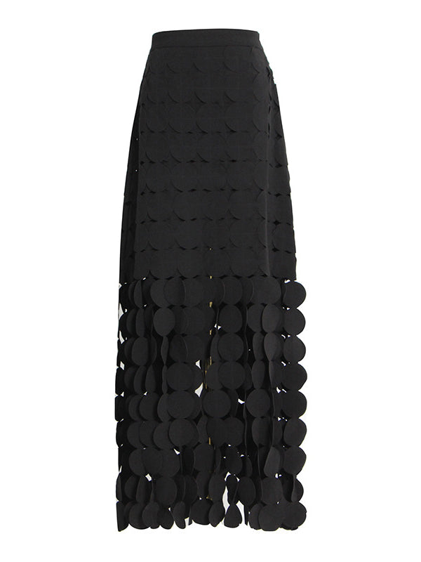 Hollow Polka-Dot Solid Color Tasseled High Waisted Loose Skirts Bottoms