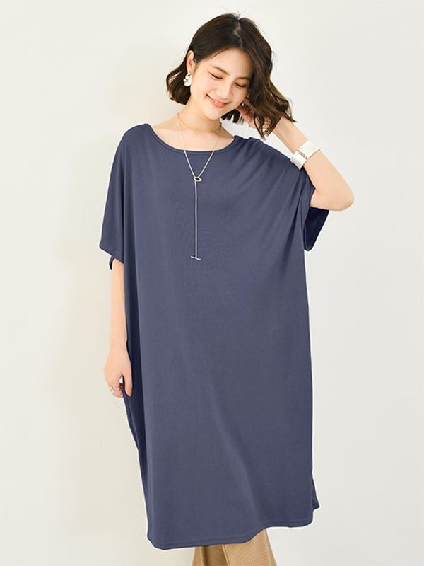 Casual Batwing Half Sleeves Solid Color Round-Neck Midi Dresses