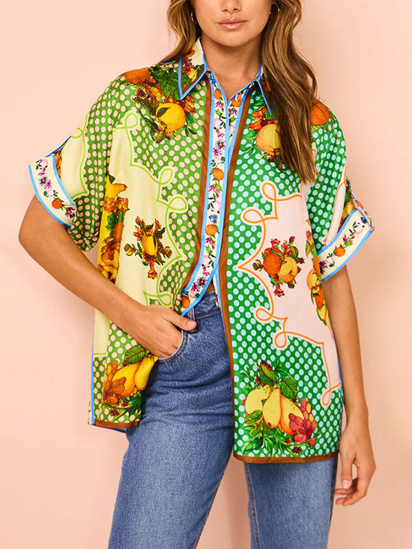 Contrast Color Floral Printed Loose Short Sleeves Lapel Shirt Top&Pants Two Pieces Set