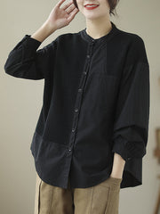 Asymmetric Buttoned Pockets Split-Joint Long Sleeves Loose Round-Neck Blouses&Shirts Tops