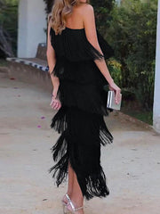 Asymmetric Solid Color Split-Joint Tasseled Loose Sleeveless One-Shoulder Maxi Dresses