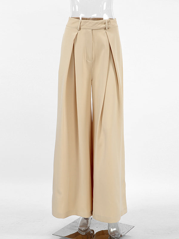 Pleated Solid Color Split-Joint High Waisted Loose Trousers Suit Pants