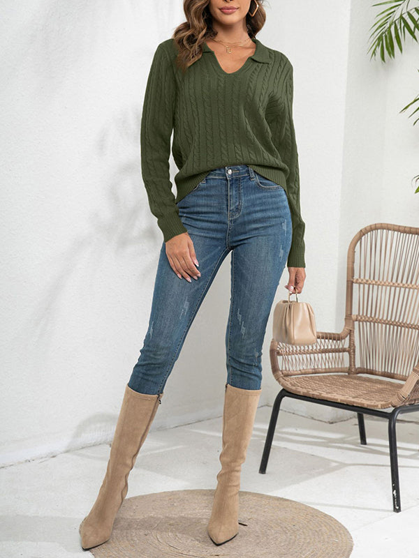 Solid Color Split-Joint Long Sleeves Loose Lapel Sweater Tops
