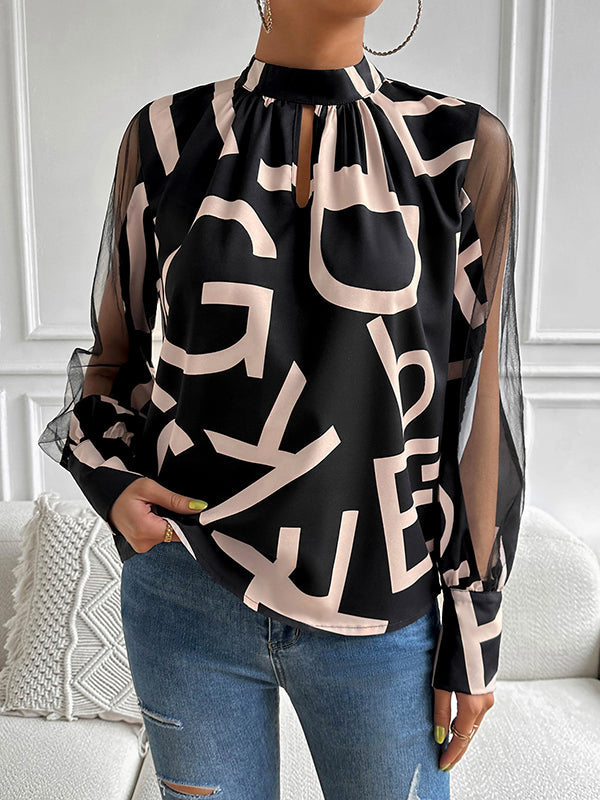 Hollow Letter Print Mesh See-Through Long Sleeves Round-neck Shirts Tops Blouses&shirts Tops
