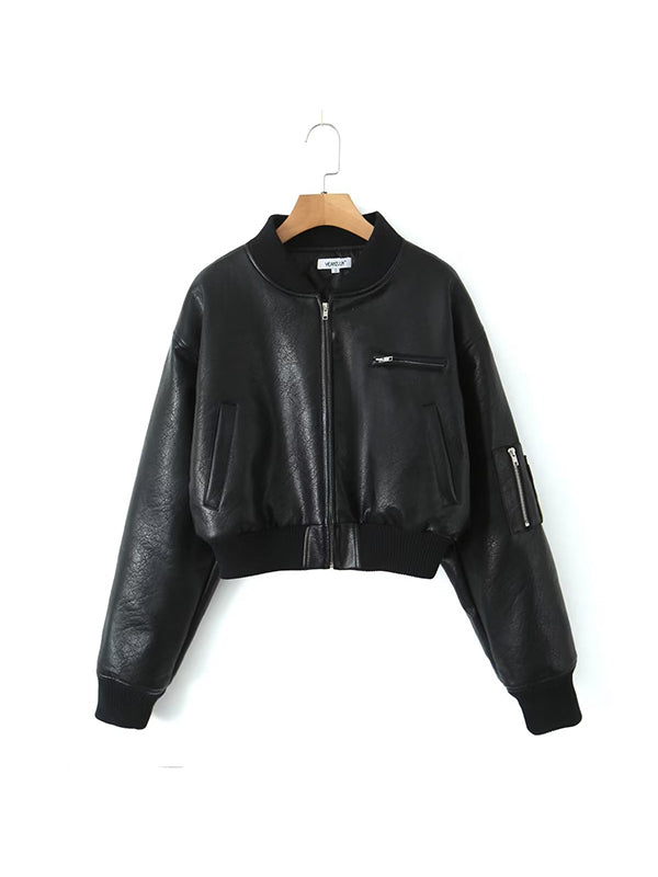 Quilted Solid Color Zipper Stand Collar PU Outerwear Jackets