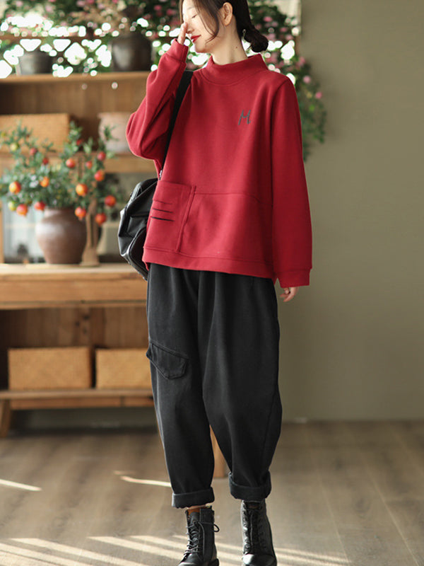 Simple Loose Long Sleeves Velvet Solid Color High-Neck Sweatshirt Tops