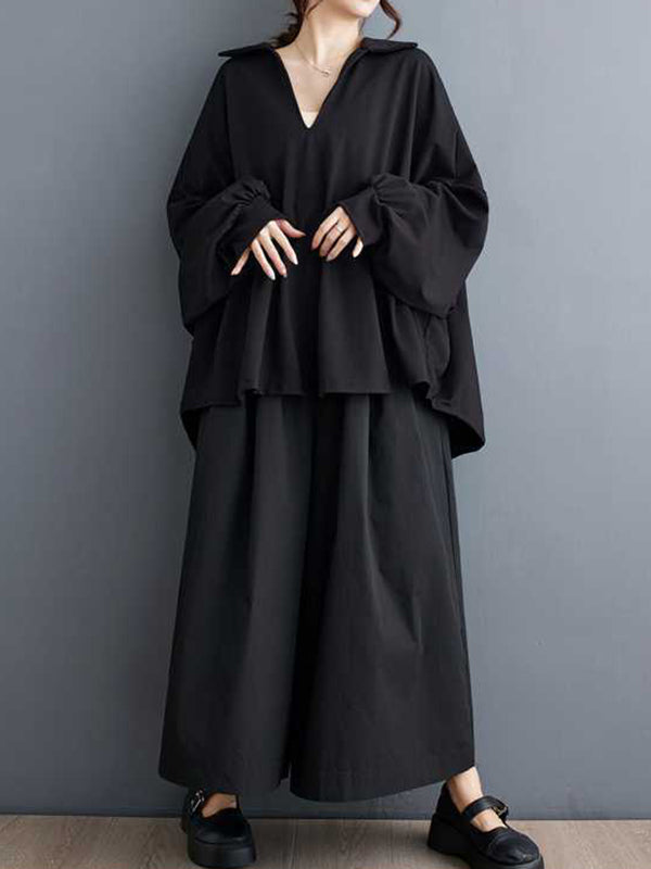 Pleated Solid Color Batwing Sleeves High-Low V-Neck Blouses&Shirts Tops