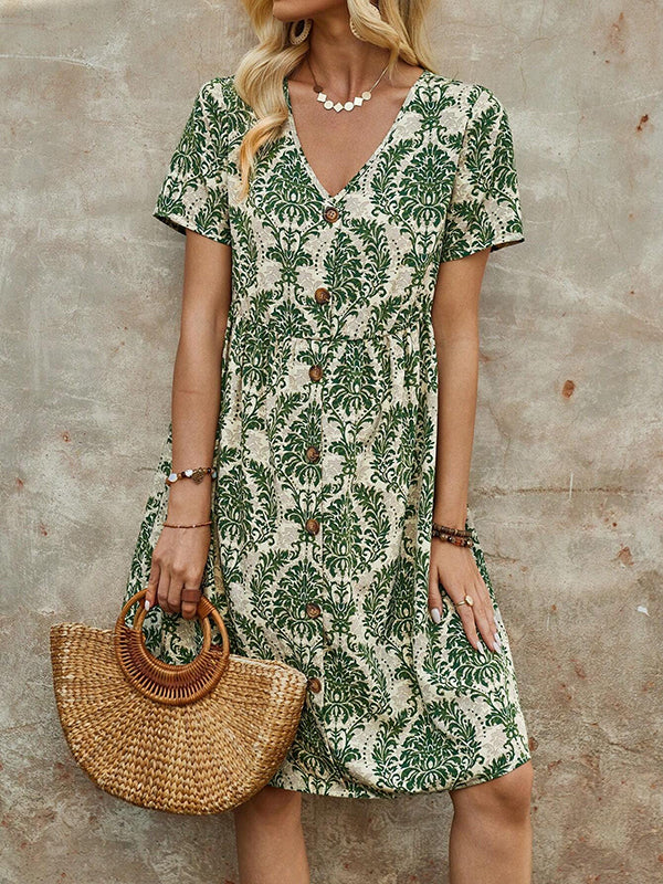 Buttoned Pleated Printed Split-Joint A-Line High Waisted V-Neck Mini Dresses