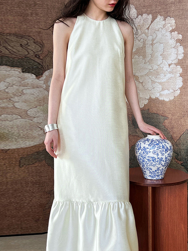 Pleated Solid Color Split-Joint Loose Sleeveless Round-Neck Maxi Dresses
