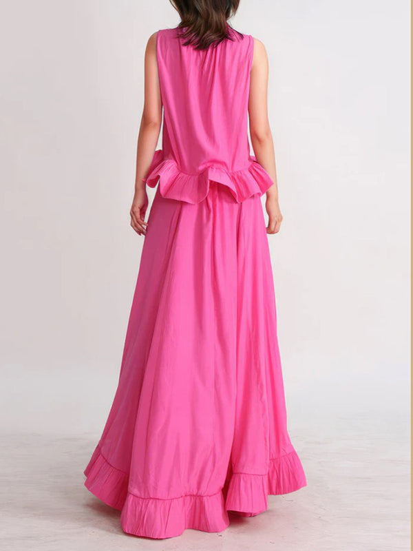 Pleated Ruffled Solid Color High Waisted High-Low Mock Neck Two Pieces Set