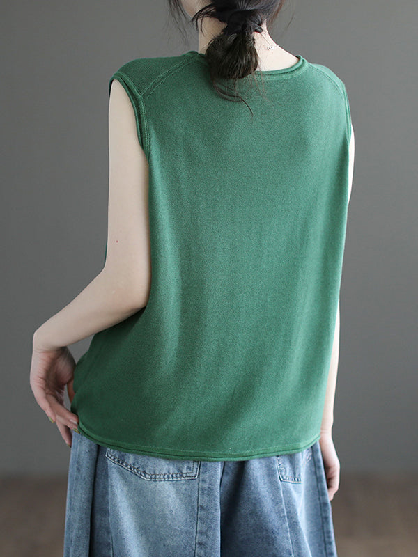 Solid Color Loose Sleeveless Round-neck Knitting Vest Top