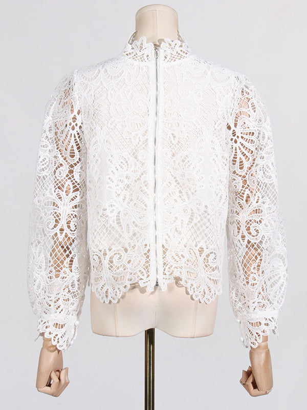 Hollow Split-Joint Zipper Long Sleeves Loose Stand Collar Blouses&Shirts Tops