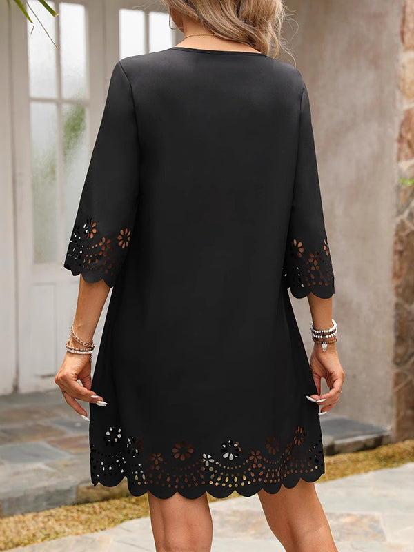 Hollow Solid Color Split-Joint A-Line Half Sleeves V-Neck Mini Dresses