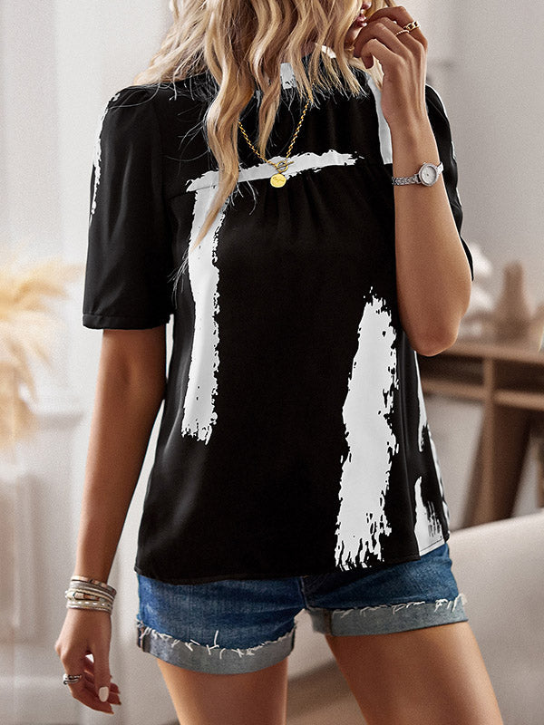 Printed Split-Joint Loose Short Sleeves Mock Neck T-Shirts Tops