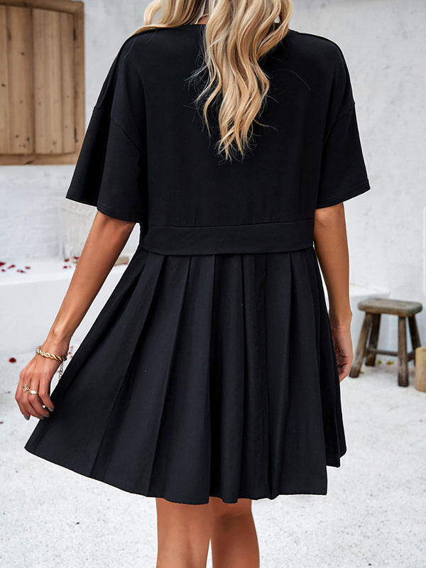 Contrast Color Pleated Split-Joint A-Line Half Sleeves Round-Neck Mini Dresses