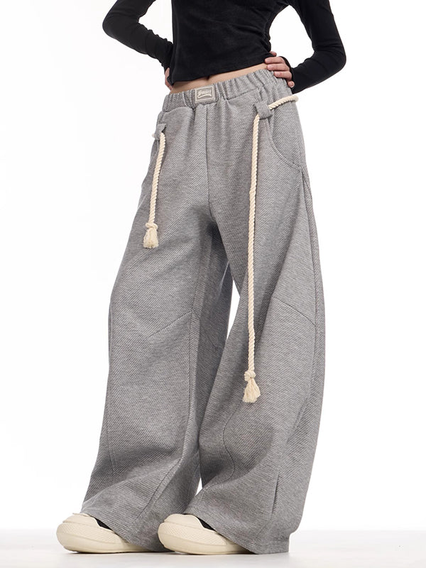 Drawstring Elasticity Pockets Solid Color High Waisted Loose Trousers Pants