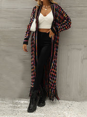Plaid Tasseled Long Sleeves Loose Collarless Cardigan Tops