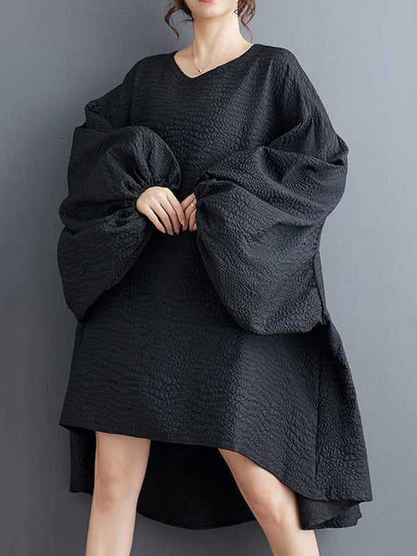 Elasticity Solid Color Split-Joint High-Low Long Sleeves Round-Neck Midi Dresses