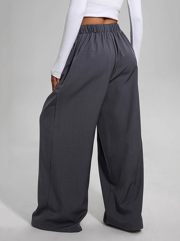 Pleated Pockets Solid Color High Waisted Loose Trousers Pants