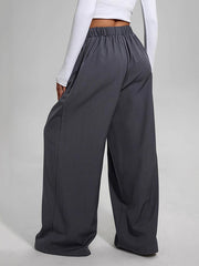 Pleated Pockets Solid Color High Waisted Loose Trousers Pants