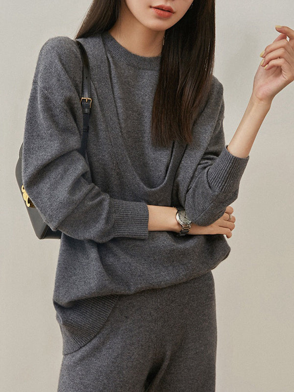 Urban Loose Solid Round-Neck Vest Top& V-Neck Sweater Tops& Wide Leg Pants Three-Piece Set