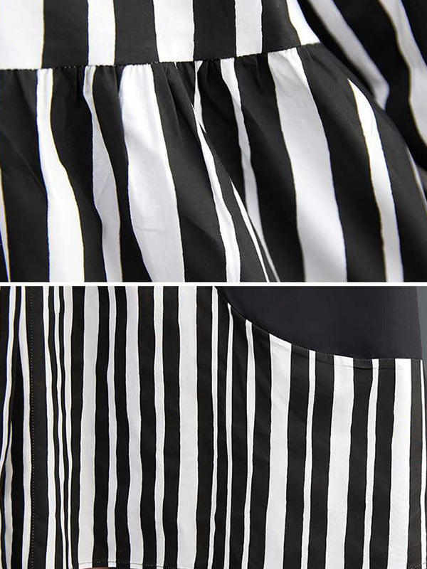 Buttoned Split-Joint Striped Long Sleeves Loose Mock Neck Midi Dresses