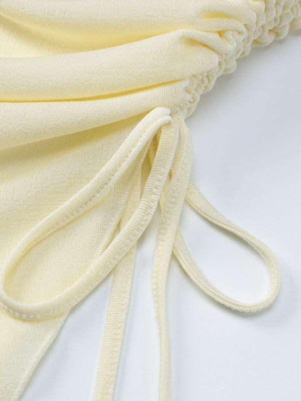 Asymmetric Drawstring See-Through Solid Color Split-Side Irregular Clipping Skinny Tube Vest Top