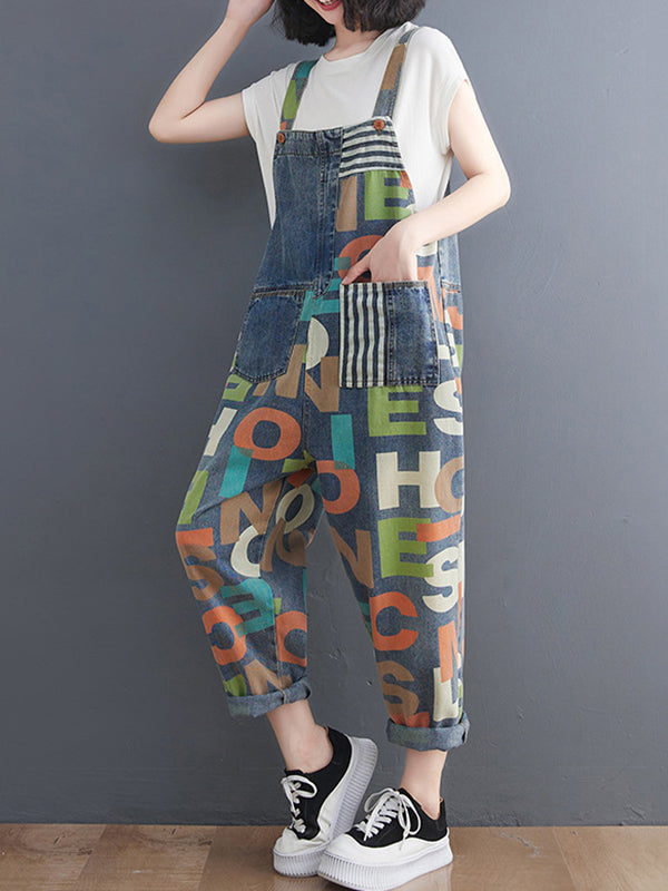 Asymmetric Buttoned Letter Print Pockets Split-Joint Striped High Waisted Loose Overalls