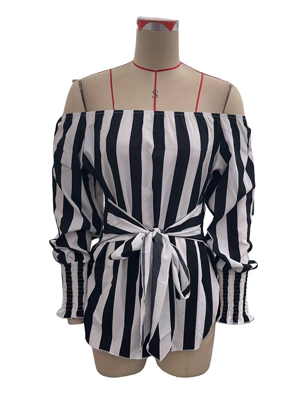 Contrast Color Elasticity Split-Joint Striped Tied Waist Long Sleeves Loose Off-The-Shoulder Blouses&Shirts Tops