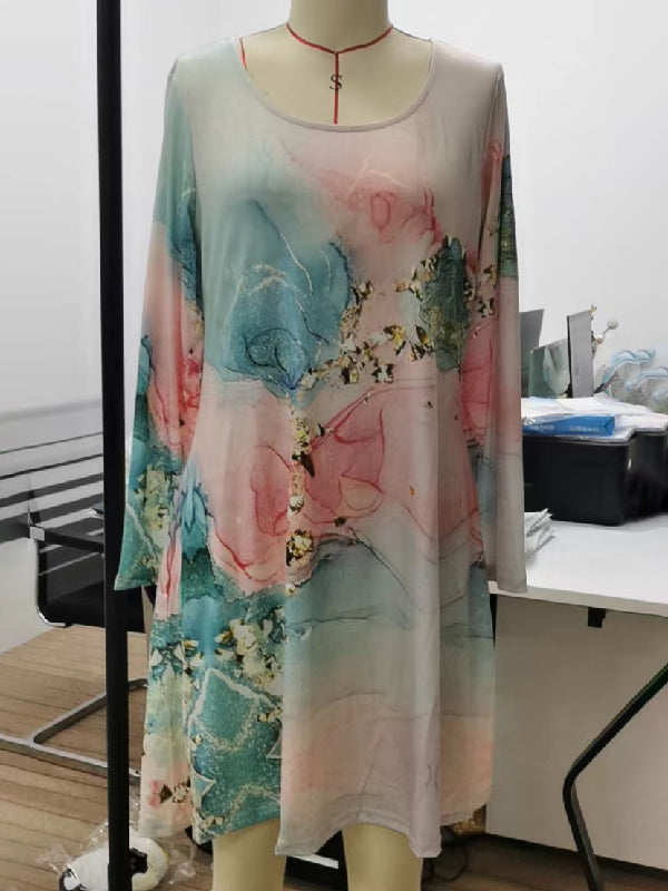 Flower Print Multi-Colored Printed Long Sleeves Round-neck Midi Dresses