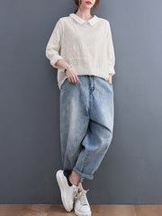 Loose 3 Colors Embroidered Hollow Lapel Collar Long Sleeves T-Shirt