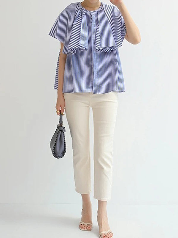 Falbala Loose Short Sleeves Round-neck Blouses&shirts Tops