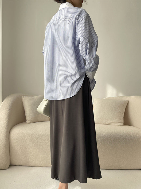 Pleated Split-Joint Striped Irregular Clipping Lapel Blouses
