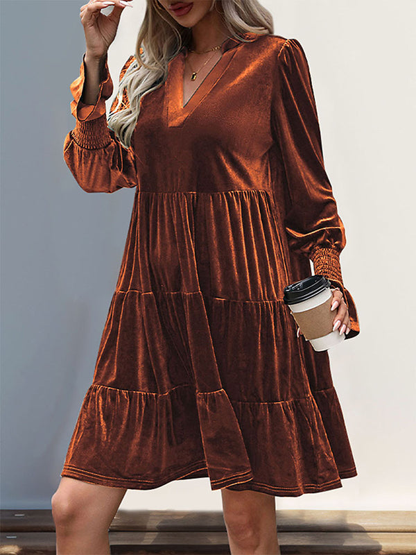 Pleated Solid Color Velvet A-Line Long Sleeves V-Neck Mini Dresses