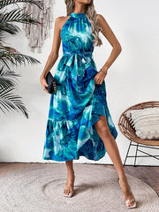 Hollow Pleated Printed Split-Joint Tied Waist Loose Sleeveless Round-Neck Midi Dresses