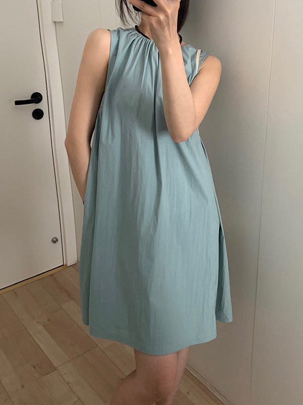 Pleated Solid Color Split-Joint Loose Sleeveless Round-Neck Mini Dresses