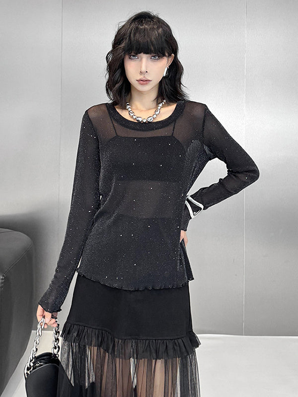 See-Through Shiny Long Sleeves Loose Round-Neck T-Shirts Tops