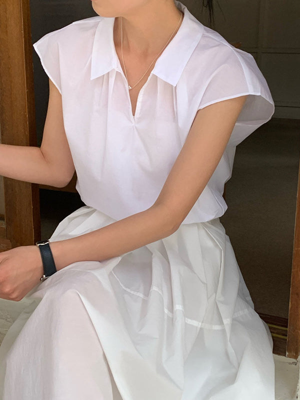 Solid Color Cap Sleeve Loose Lapel Blouses&Shirts Tops