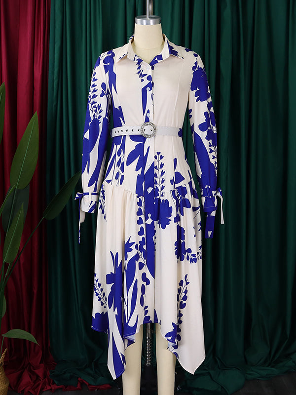 Lace-Up Pleated Printed Split-Joint Tied Waist Irregular clipping Long Sleeves Lapel Shirt Dress Maxi Dresses