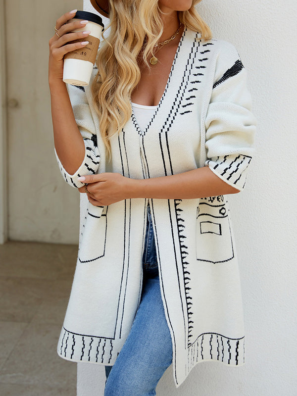 Jacquard Split-Joint Long Sleeves Loose V-Neck Cardigan Tops