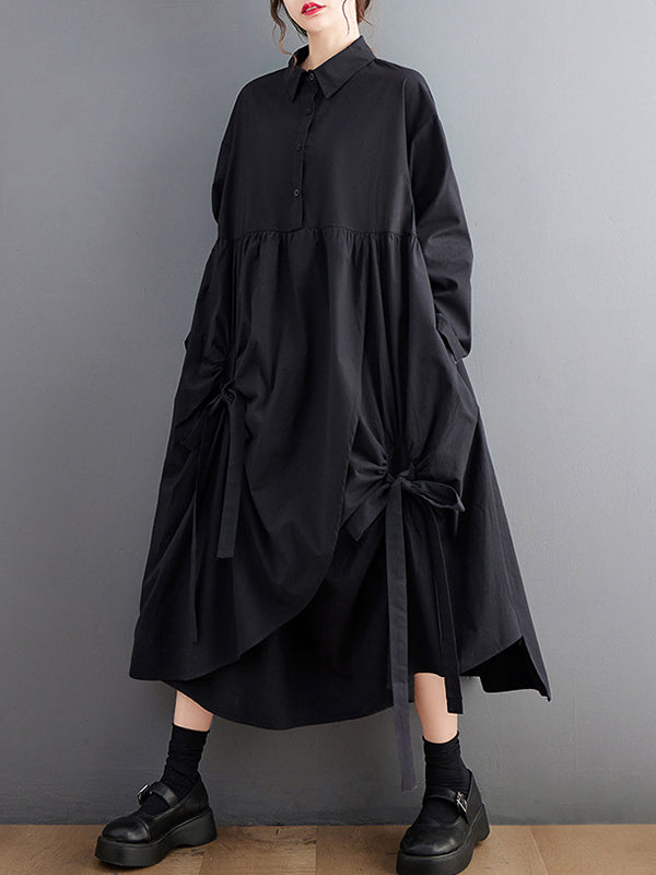 Buttoned Pleated Pockets Solid Color Tied A-Line Long Sleeves Lapel Shirt Dress Midi Dresses