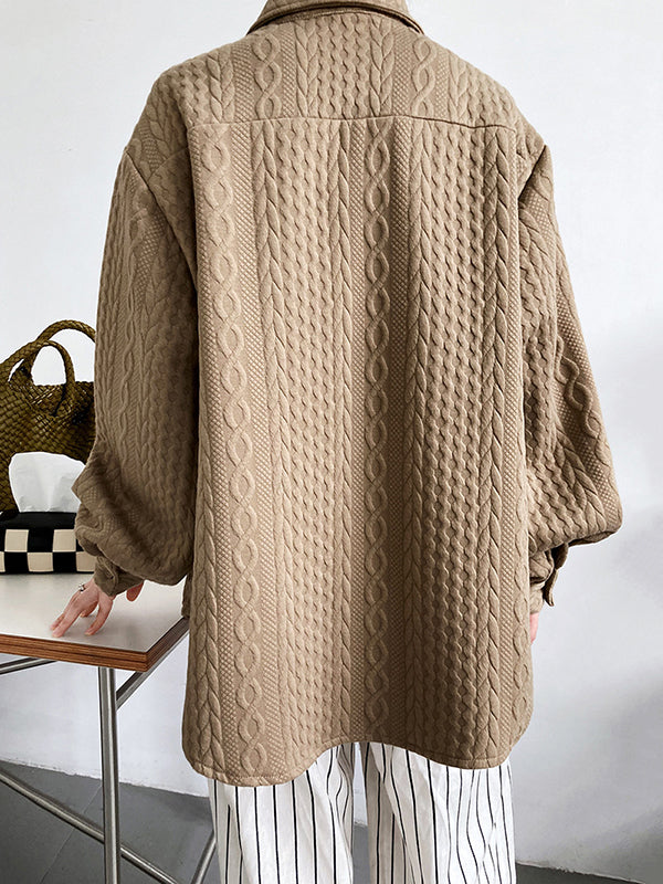 Simple Loose Long Sleeves Buttoned Solid Color Textured Lapel Collar Blouses&Shirts Tops
