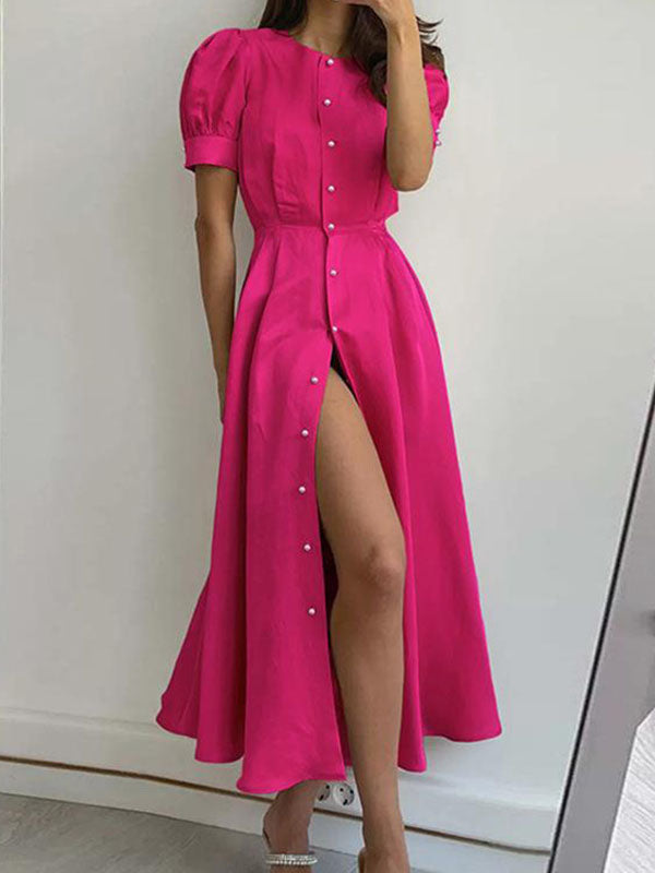 Buttoned High Waisted Loose Round-neck Midi Dresses