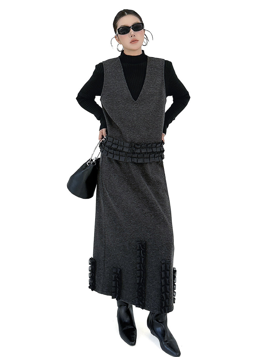 Contrast Color Ruffled Split-Joint V-Neck Vest Top + Elasticated Waist High Waisted Pleated Skirts Bottoms Two Pieces Set