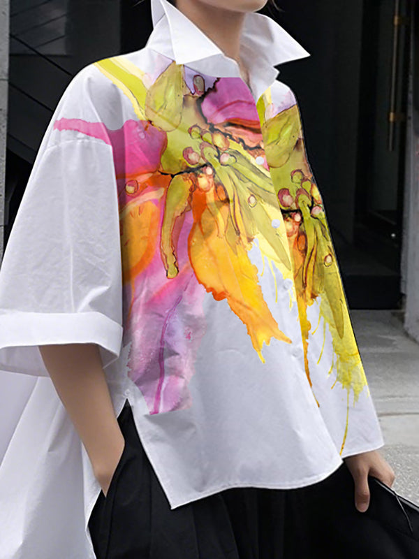 Buttoned Flower Print Split-side Half Sleeves High-low Stand Collar Blouses&shirts Tops