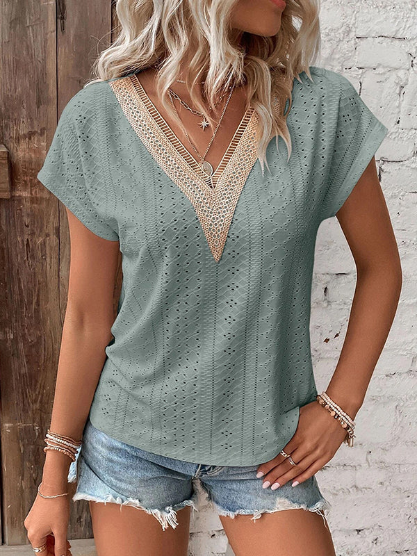 Hollow Jacquard Split-Joint Loose Raglan Sleeve V-Neck T-Shirts Tops