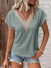 Hollow Jacquard Split-Joint Loose Raglan Sleeve V-Neck T-Shirts Tops