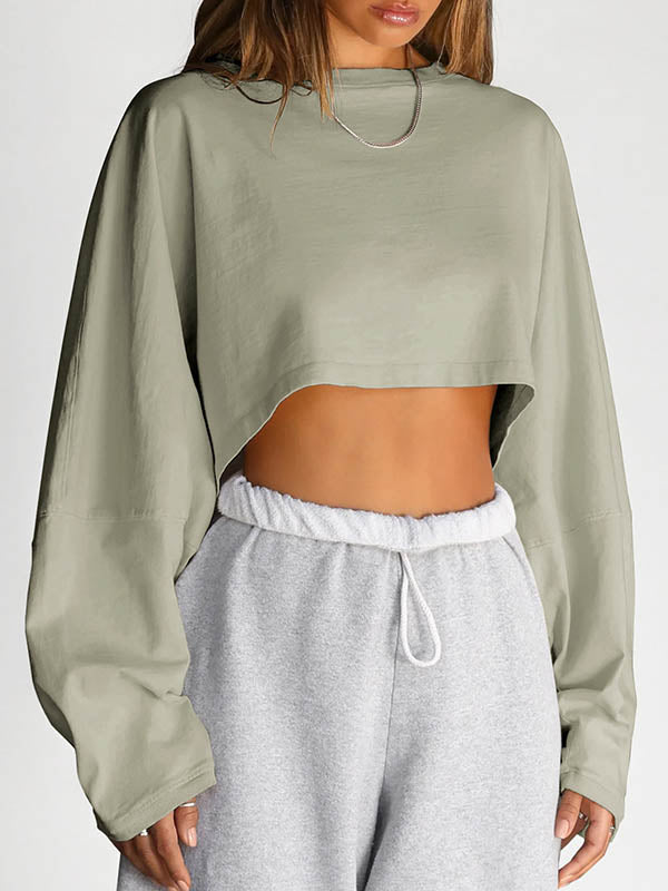 Solid Color Split-Joint Long Sleeves Loose Round-Neck Sweatshirt Tops